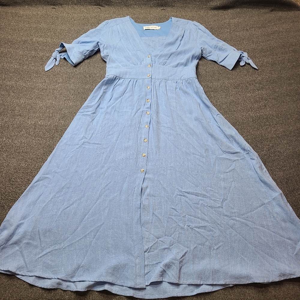 Chicwish Womens Small Blue Midi Dress Button‎ Front Tie Sleeve 100% Cotton